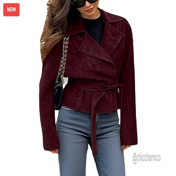 Jackets & Blazers - Faux Suede Cropped Wrap Jacket with Belt, Vintage Style, Size S-XXL